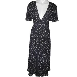 WILDFOX Women's Floral Wrap Maxi Dress Flutter Sleeves Black White Size XS